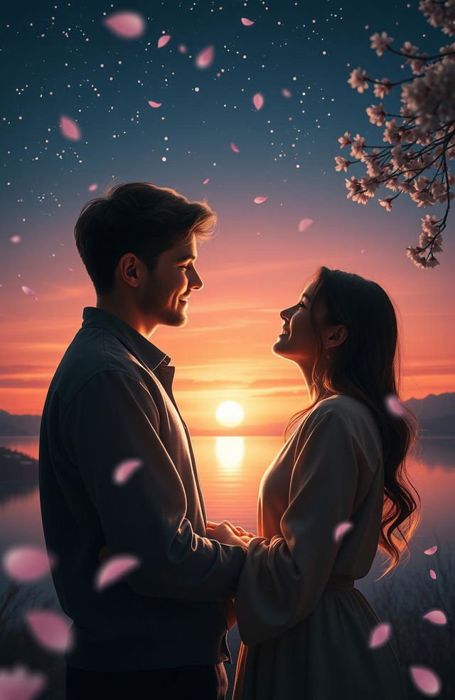 A romantic cinematic trailer scene featuring a young couple embracing under a starry night sky, surrounded by soft glowing fairy lights and gentle cherry blossom petals falling around them