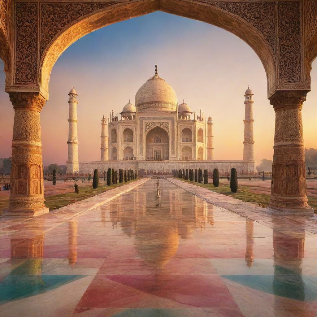 A surreal interpretation of the Taj Mahal at sunset. The monument is bathed in sparkling golden light, with a riot of colorful patterns dancing across the marble surface. The surrounding landscape is bathed in vivid hues, reflecting the unreal atmosphere.