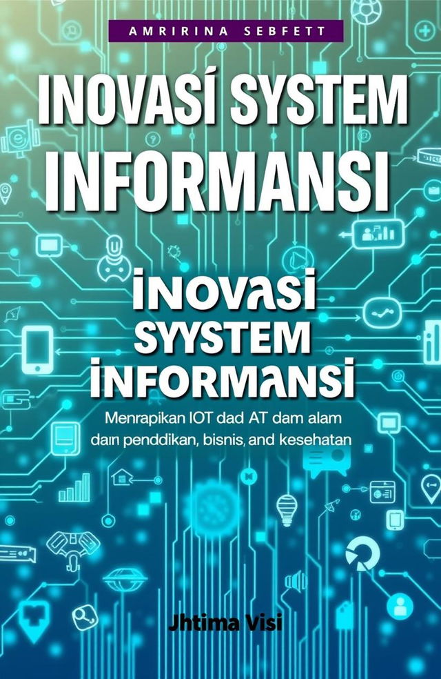 A stunning book cover design for the title 'Inovasi Sistem Informasi: Menerapkan IoT dan AI dalam Pendidikan, Bisnis, dan Kesehatan'