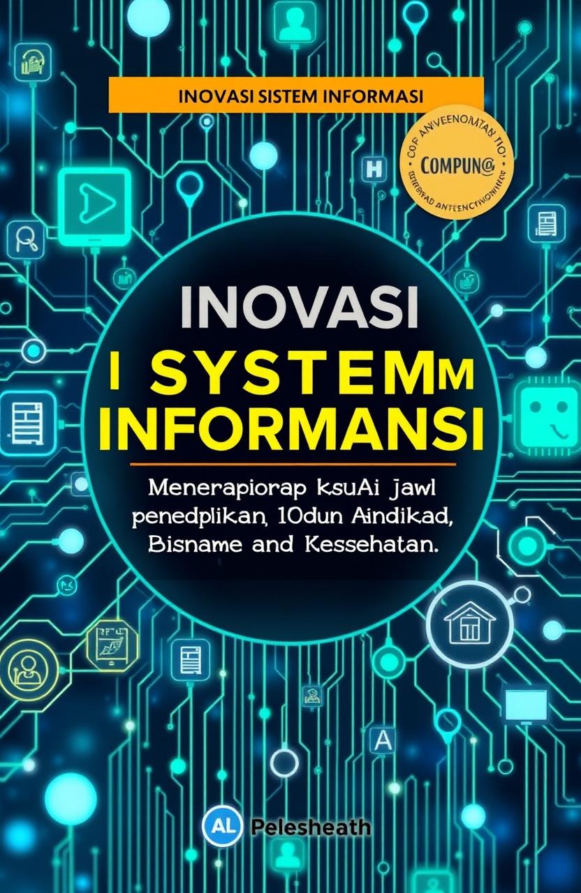 A stunning book cover design for the title 'Inovasi Sistem Informasi: Menerapkan IoT dan AI dalam Pendidikan, Bisnis, dan Kesehatan'