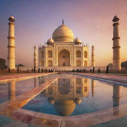 A surreal interpretation of the Taj Mahal at sunset. The monument is bathed in sparkling golden light, with a riot of colorful patterns dancing across the marble surface. The surrounding landscape is bathed in vivid hues, reflecting the unreal atmosphere.