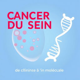 An illustrative design for 'CANCER DU SEIN; de la clinique à la molécule', featuring a side view of a breast, highlighting details of cancerous cells