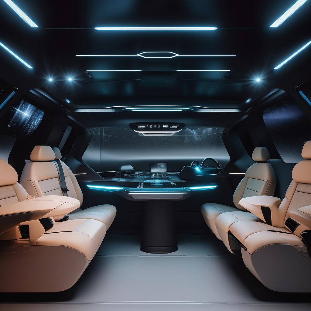 The rear cabin of a state-of-the-art, futuristic van presenting a luxurious and tech-savvy ambience.