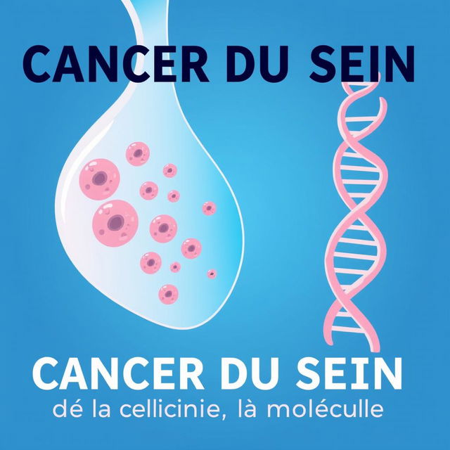 An illustrative design for 'CANCER DU SEIN; de la clinique à la molécule', featuring a side view of a breast, highlighting details of cancerous cells