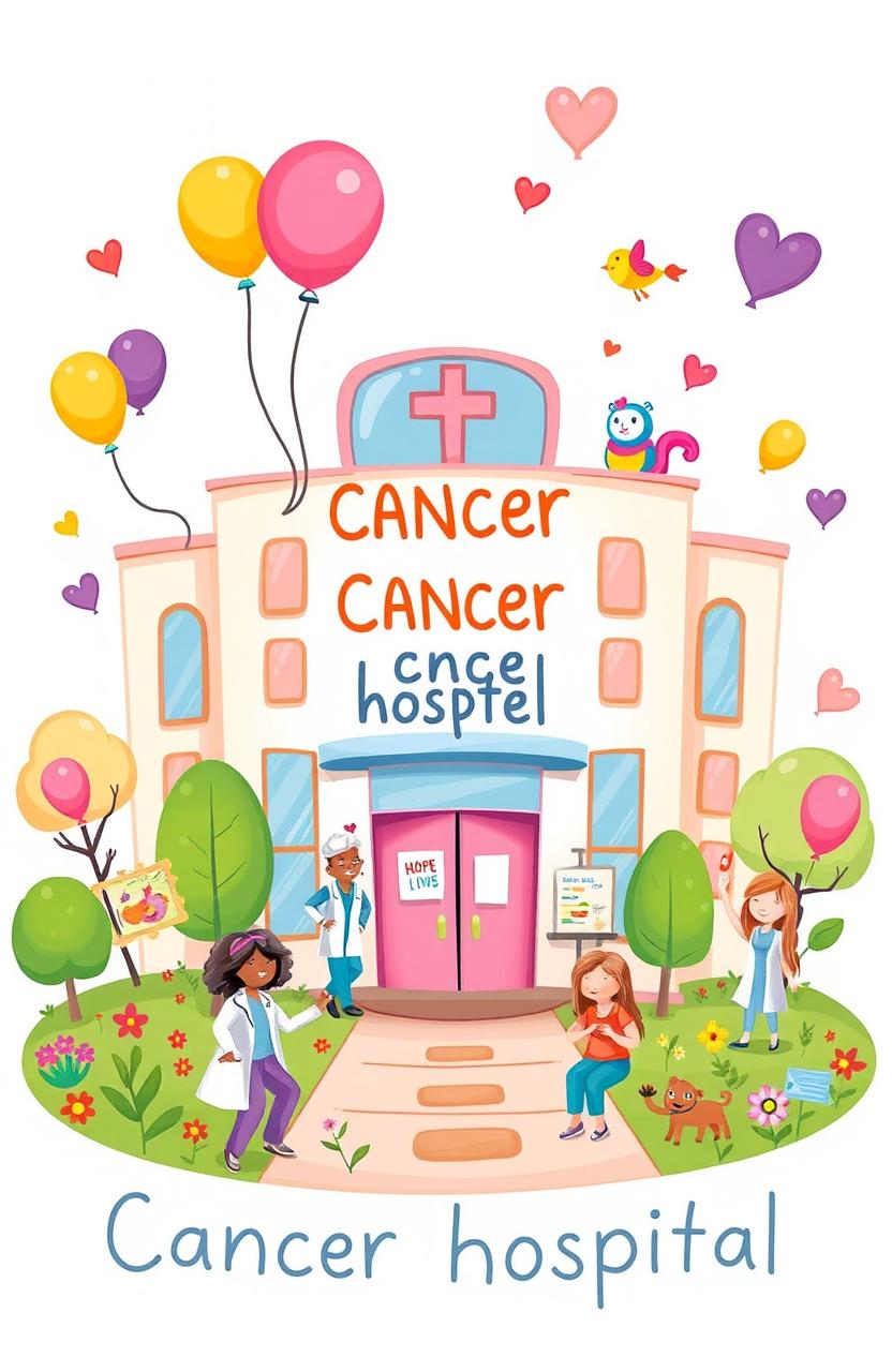 A whimsical doodle representing a cancer hospital, showcasing a cheerful and comforting environment