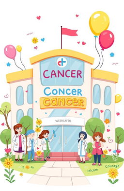 A whimsical doodle representing a cancer hospital, showcasing a cheerful and comforting environment