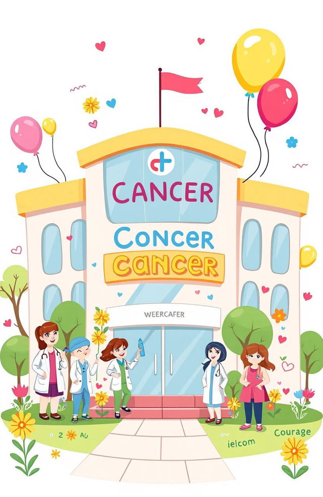 A whimsical doodle representing a cancer hospital, showcasing a cheerful and comforting environment