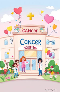 A whimsical doodle representing a cancer hospital, showcasing a cheerful and comforting environment