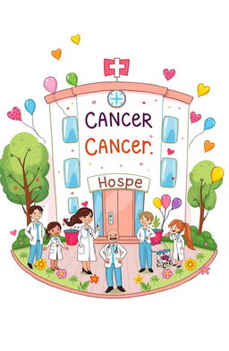 A whimsical doodle representing a cancer hospital, showcasing a cheerful and comforting environment
