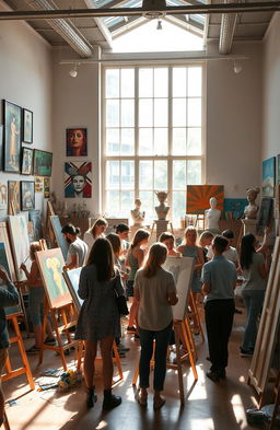 An inspiring interior scene of a fine art school, showcasing students actively engaging in various art forms