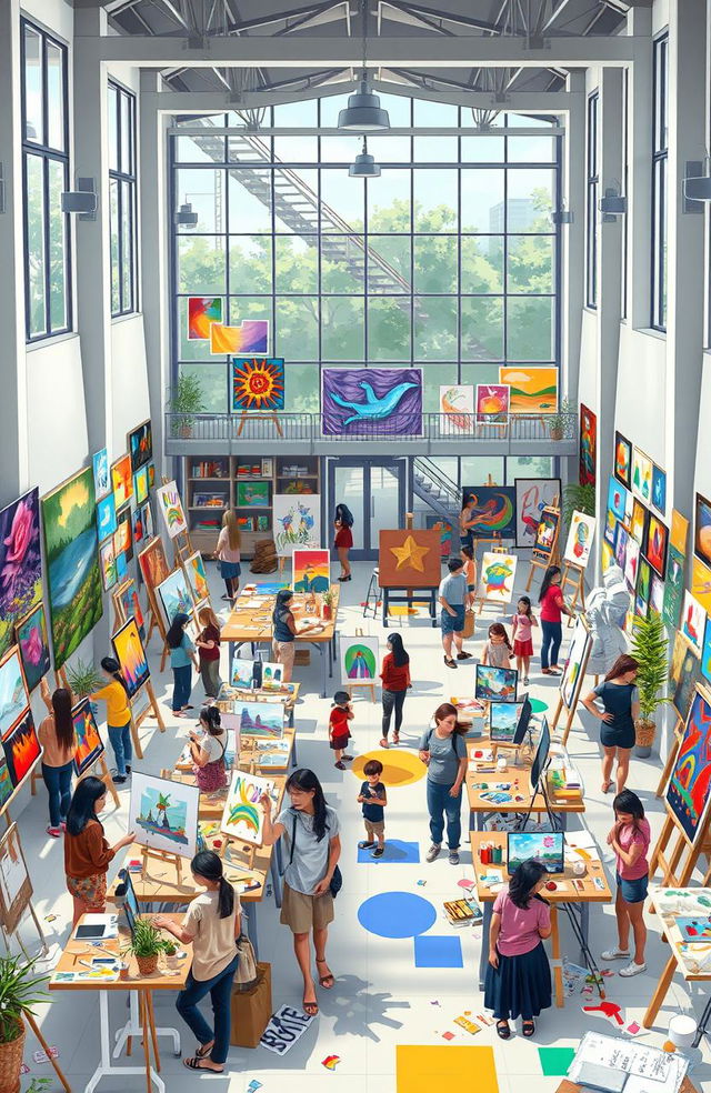 A vibrant depiction of art schools, showcasing various art forms such as painting, sculpture, and digital art