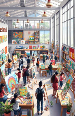 A vibrant depiction of art schools, showcasing various art forms such as painting, sculpture, and digital art