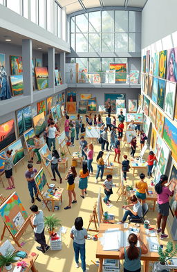 A vibrant depiction of art schools, showcasing various art forms such as painting, sculpture, and digital art