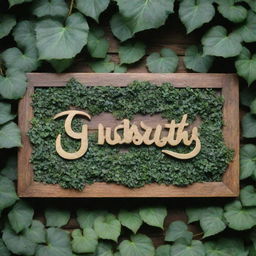 The name 'Ushrath' beautifully engraved in golden letters on a rustic wooden plaque surrounded by green ivy.