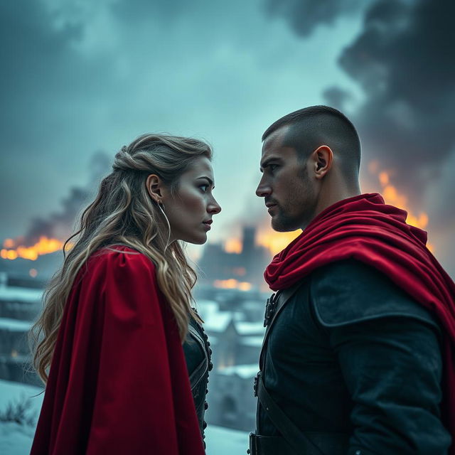 A low angle shot of a man and woman standing side by side, their faces only inches apart, locked in an intense gaze