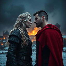 A low angle shot of a man and woman standing side by side, their faces only inches apart, locked in an intense gaze