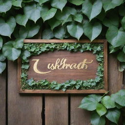 The name 'Ushrath' beautifully engraved in golden letters on a rustic wooden plaque surrounded by green ivy.