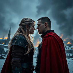 A low angle shot of a man and woman standing side by side, their faces only inches apart, locked in an intense gaze