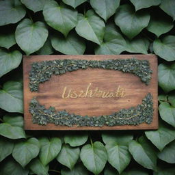 The name 'Ushrath' beautifully engraved in golden letters on a rustic wooden plaque surrounded by green ivy.