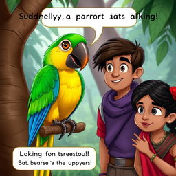 Medium Shot of Arjun and Maya encountering a vibrant, colorful talking parrot perched on a tree branch in an enchanting jungle environment