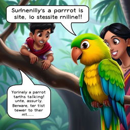 Medium Shot of Arjun and Maya encountering a vibrant, colorful talking parrot perched on a tree branch in an enchanting jungle environment