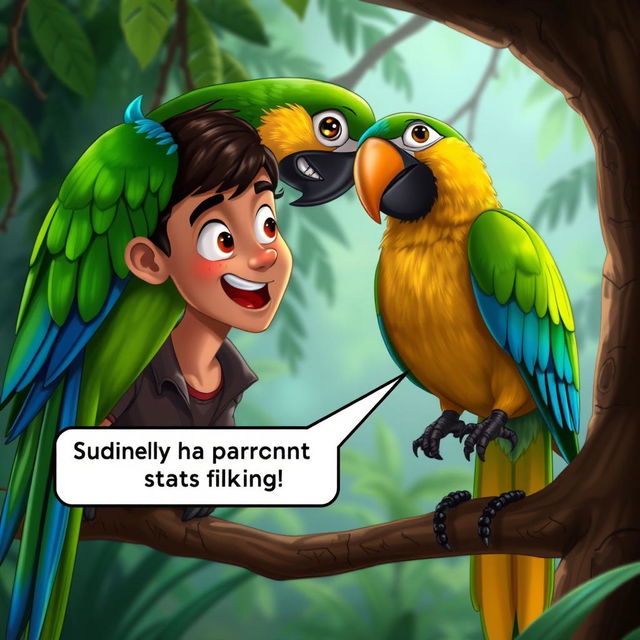 Medium Shot of Arjun and Maya encountering a vibrant, colorful talking parrot perched on a tree branch in an enchanting jungle environment