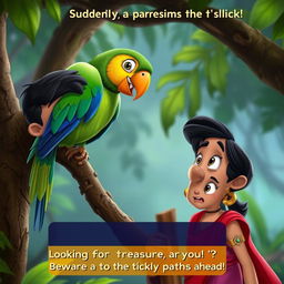 Medium Shot of Arjun and Maya encountering a vibrant, colorful talking parrot perched on a tree branch in an enchanting jungle environment