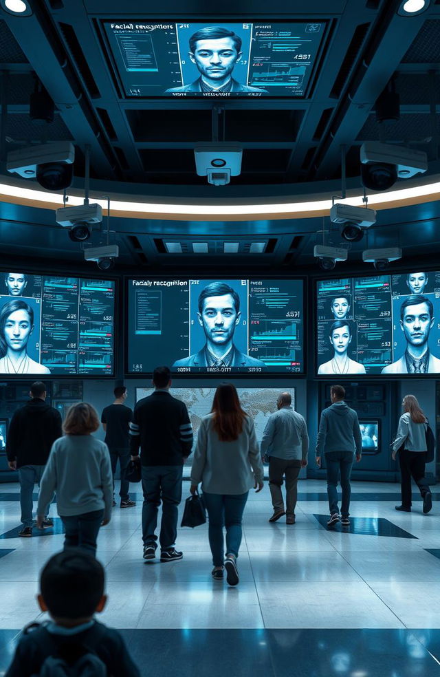 A visual representation of facial recognition technology in security systems, showcasing a modern security room filled with high-tech screens displaying facial recognition software in action