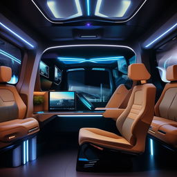 The rear cabin of a state-of-the-art, futuristic van presenting a luxurious and tech-savvy ambience.