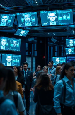A visual representation of facial recognition technology in security systems, showcasing a modern security room filled with high-tech screens displaying facial recognition software in action