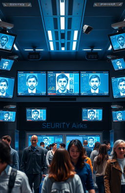 A visual representation of facial recognition technology in security systems, showcasing a modern security room filled with high-tech screens displaying facial recognition software in action