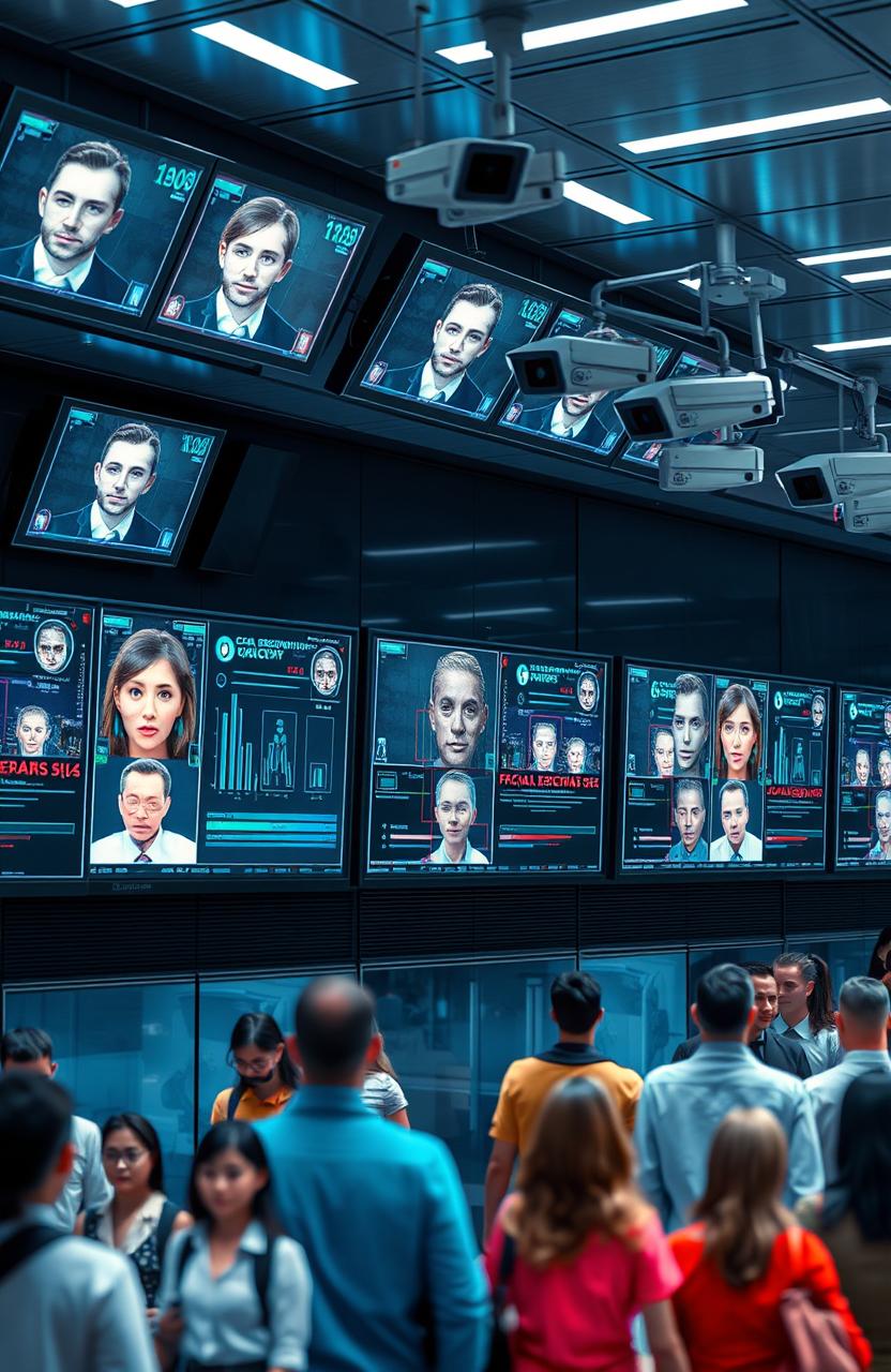 A visual representation of facial recognition technology in security systems, showcasing a modern security room filled with high-tech screens displaying facial recognition software in action