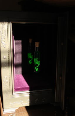 An open safe in a dimly lit room, the interior lined with velvet