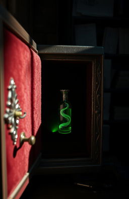 An open safe in a dimly lit room, the interior lined with velvet
