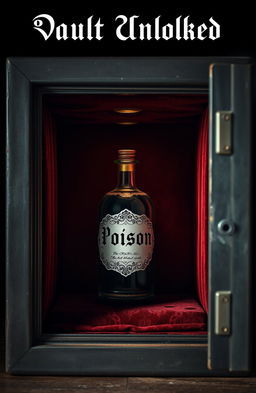 An open safe displaying a glass vial labeled 'Poison'