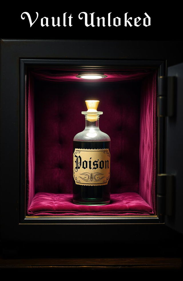 An open safe displaying a glass vial labeled 'Poison'