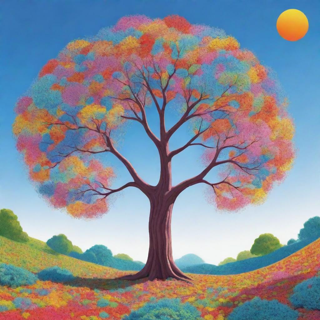 A cartoonish picture of a bubbly, circular landscape with an oversized, cheerful tree in the middle. The tree has vibrant leaves, with a bright, clear sky forming the background. The style is full of bold color and exaggerated lines.