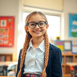 A stylish schoolgirl wearing glasses, with long blonde braids and a cheerful expression