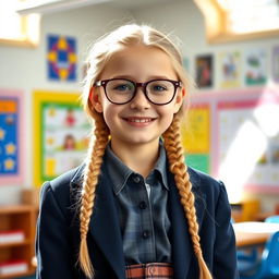 A stylish schoolgirl wearing glasses, with long blonde braids and a cheerful expression