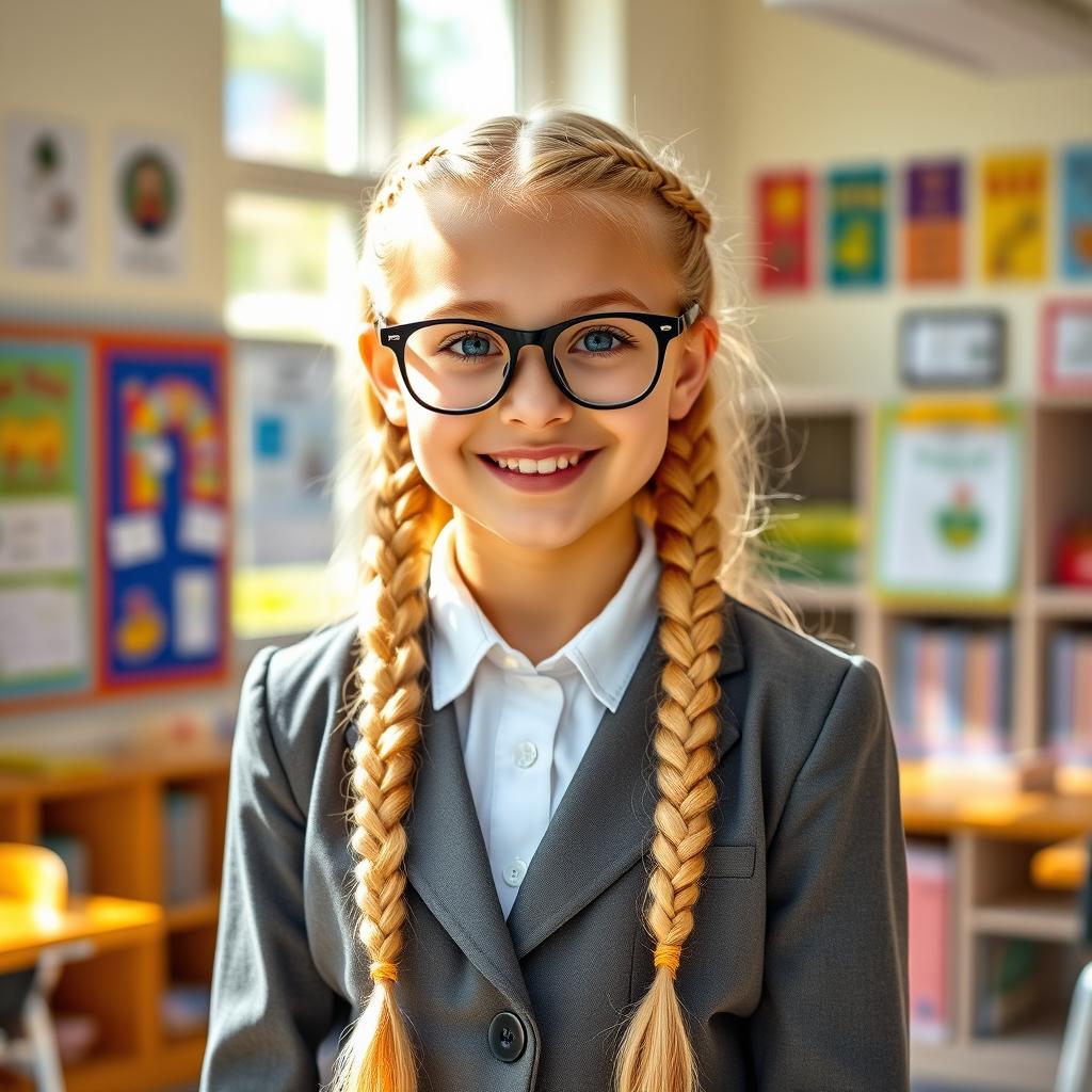 A stylish schoolgirl wearing glasses, with long blonde braids and a cheerful expression