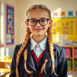 A stylish schoolgirl wearing glasses, with long blonde braids and a cheerful expression