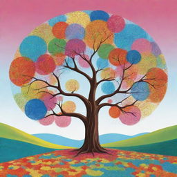 A cartoonish picture of a bubbly, circular landscape with an oversized, cheerful tree in the middle. The tree has vibrant leaves, with a bright, clear sky forming the background. The style is full of bold color and exaggerated lines.