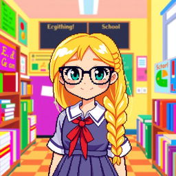 A schoolgirl wearing stylish glasses with a long blonde braid, set within a vibrant pixel art style