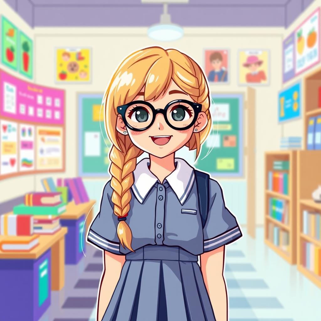 A schoolgirl wearing stylish glasses with a long blonde braid, set within a vibrant pixel art style