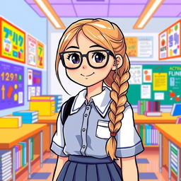A schoolgirl wearing stylish glasses with a long blonde braid, set within a vibrant pixel art style
