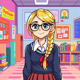 A schoolgirl wearing stylish glasses with a long blonde braid, set within a vibrant pixel art style