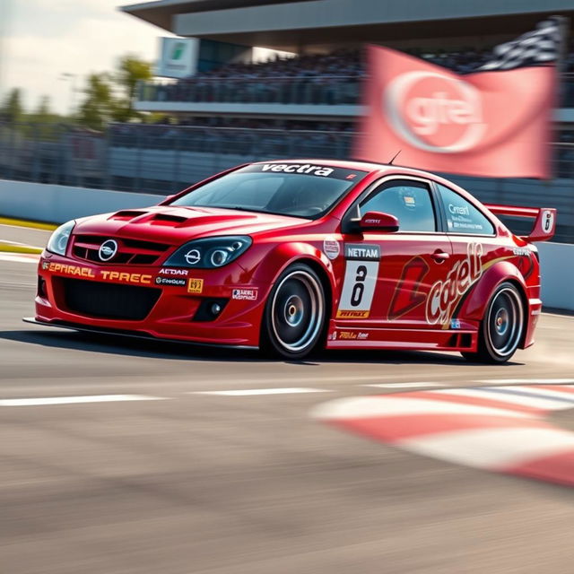 A dynamic racing scene featuring an Opel Vectra C, showcasing its aggressive modifications and sleek racing style