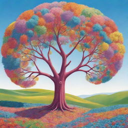 A cartoonish picture of a bubbly, circular landscape with an oversized, cheerful tree in the middle. The tree has vibrant leaves, with a bright, clear sky forming the background. The style is full of bold color and exaggerated lines.