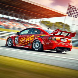 A dynamic racing scene featuring an Opel Vectra C, showcasing its aggressive modifications and sleek racing style