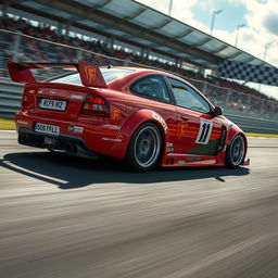 A dynamic racing scene featuring an Opel Vectra C, showcasing its aggressive modifications and sleek racing style